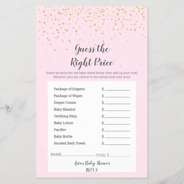 Flyer Gold Confetti Pink Shower GuessThe Right Price (Frente)