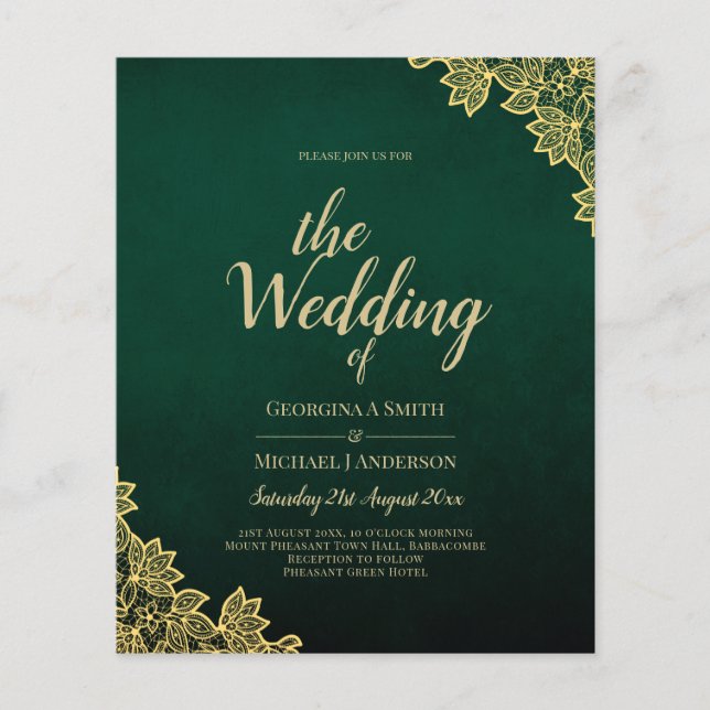 Flyer Gold Lace Emerald Green All-in-1 Wedding Invite QR (Frente)