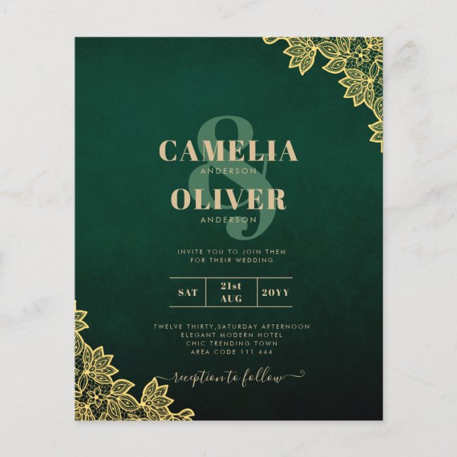 Flyer Gold Lace Emerald Green All-in-1 Wedding Invite QR (Frente)