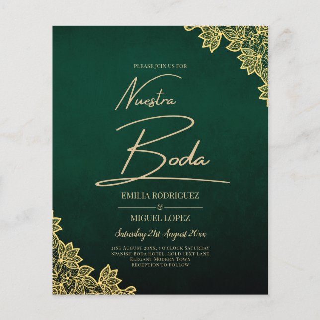 Flyer Gold Lace Emerald Green All-in-1 Wedding Invite QR (Frente)