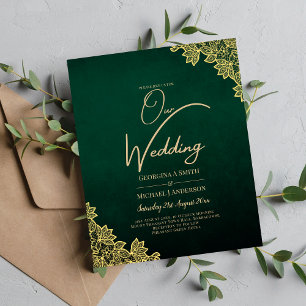 Flyer Gold Lace Emerald Green All-in-1 Wedding Invite QR