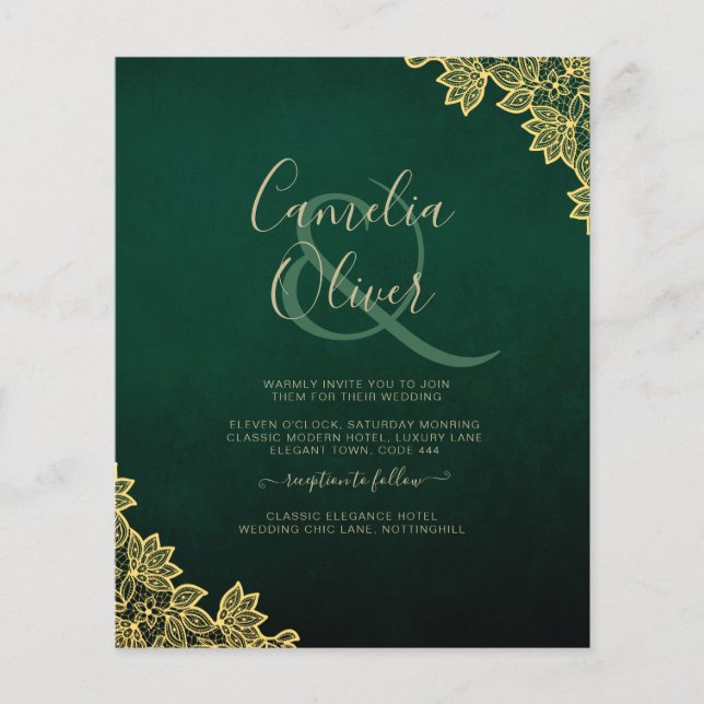 Flyer Gold Lace Emerald Green All-in-1 Wedding Invite QR (Frente)
