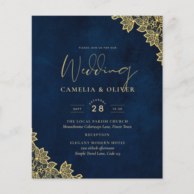 Flyer Gold Lace Navy Blue All-in-1 Wedding Invites QR Co (Frente)