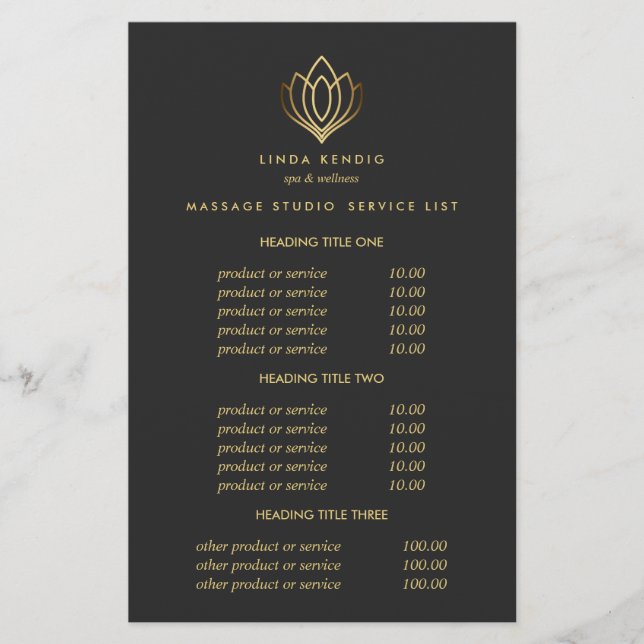 Flyer Gold Lotus Gray Spa & Masajes Precio y Servicios (Frente)