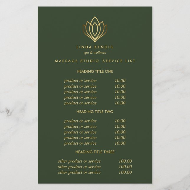 Flyer Gold Lotus Green Spa & Masajes Precios y Servicios (Frente)