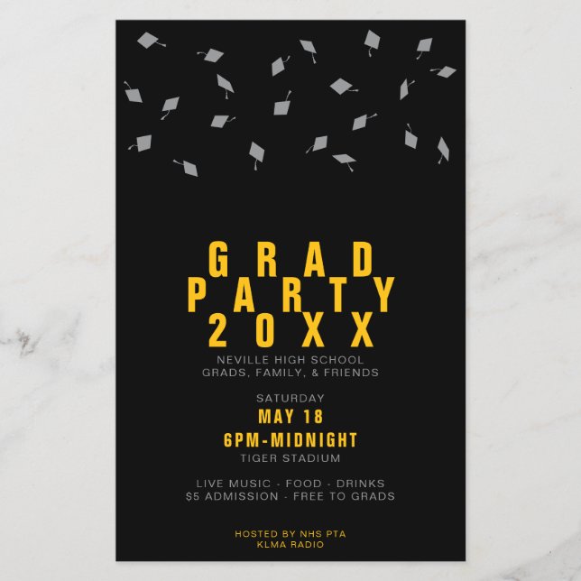Flyer Graduation Cap Toss Silver & Gold Grad Party (Frente)