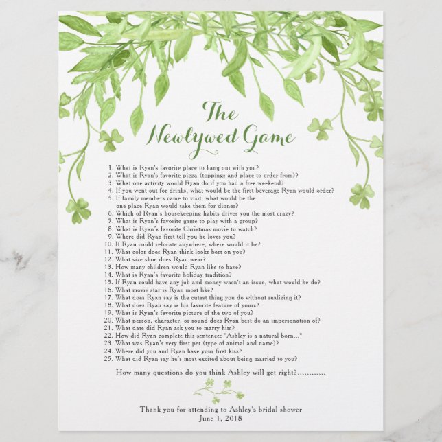 Flyer Green Floral Bridal Shower Games (Frente)