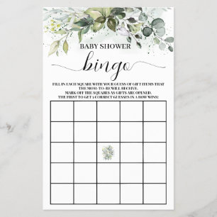 Flyer Greenery Eucalyptus Baby Shower Bingo Game card
