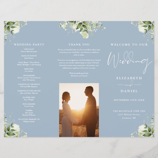 Flyer Greenery Floral Dusty Blue Trifold Wedding Program (Frente)
