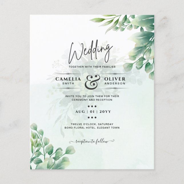 Flyer Greenery Gold Eucalyptus BODA QR CÓDIGO Moderno (Frente)