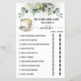 Flyer Greenery Matcha He Said She Said Shower Game Card