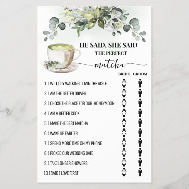 Flyer Greenery Matcha He Said She Said Shower Game Card (Frente)