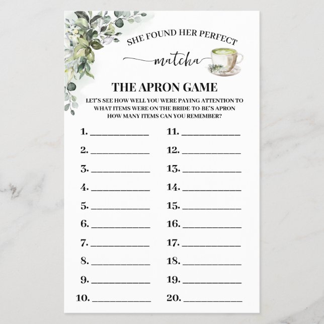 Flyer Greenery Matcha The Apron Bridal Shower Game Card (Frente)