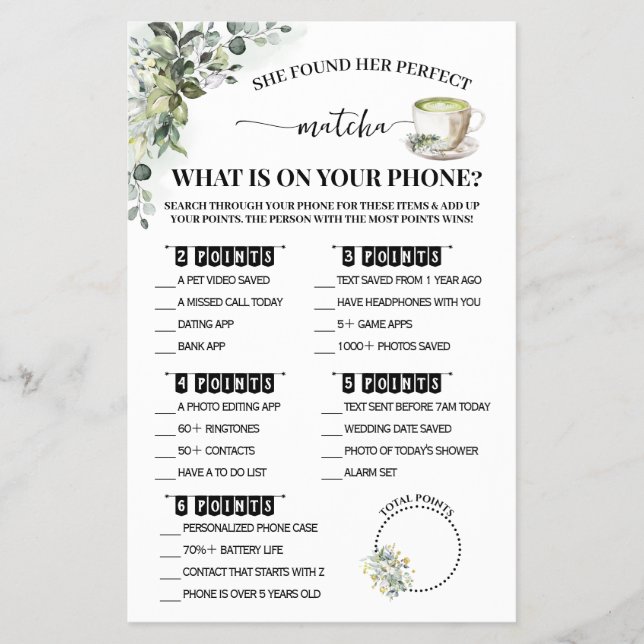 Flyer Greenery Matcha What is on Phone Shower Game Card (Frente)
