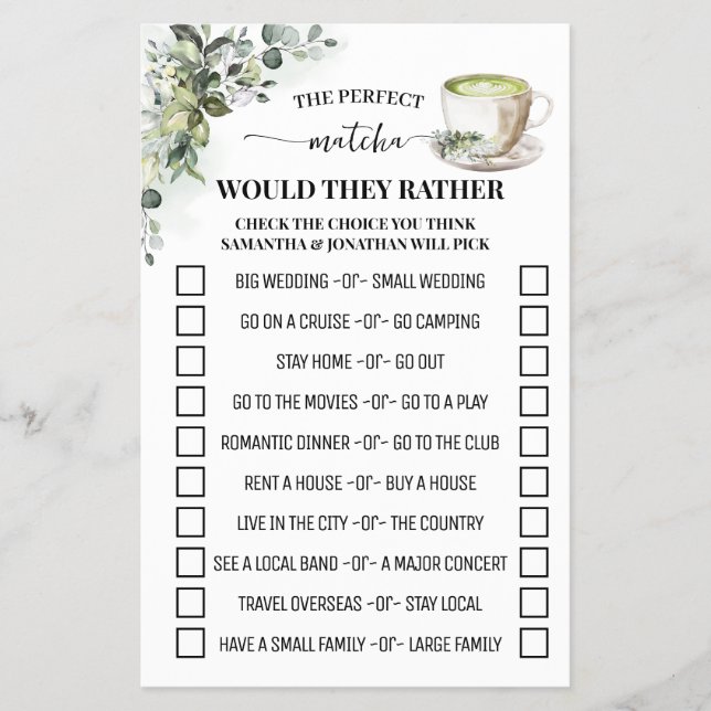 Flyer Greenery Matcha Would They Rather Shower Game Card (Frente)