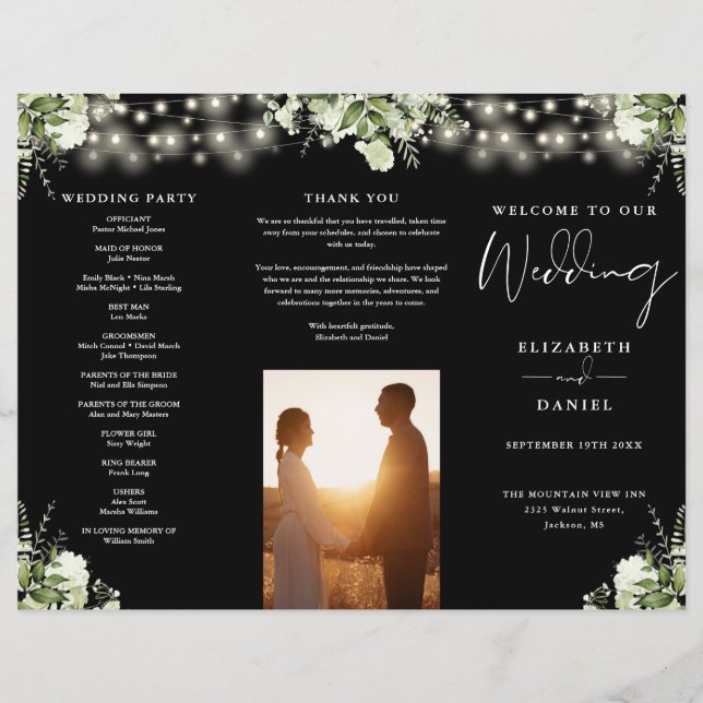 Flyer Greenery String Lights Trifold Wedding Program (Frente)