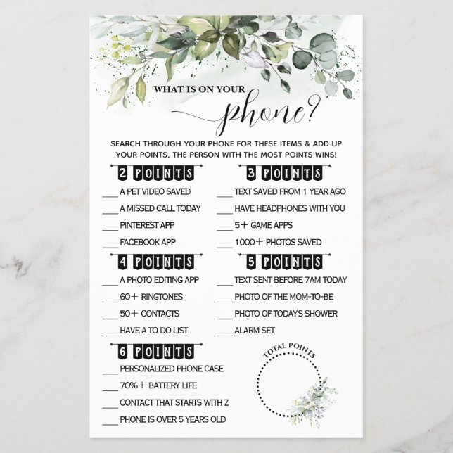 Flyer Greenery Whats on your Phone Baby Shower Game Card (Frente)