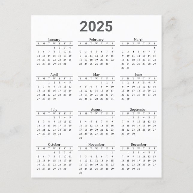 Flyer Gris y Blanco 2025 Año a un vistazo calendario (Frente)