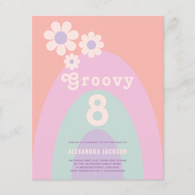 Flyer Groovy Retro Rainbow Floral Birday Party Presupues (Frente)