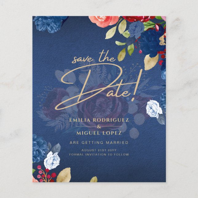 Flyer Guardar la fecha de boda floral rústica borgoña az (Frente)