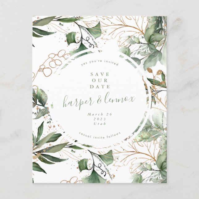 Flyer guardar la fecha Eucalyptus Gold Boho Presupuesto  (Frente)