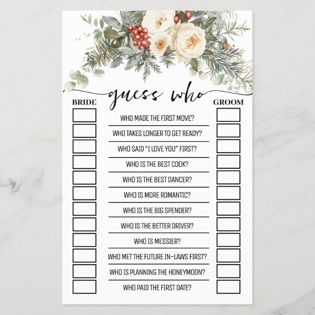 Flyer Guess Who Winter Floral Bridal Shower Game Card (Frente)
