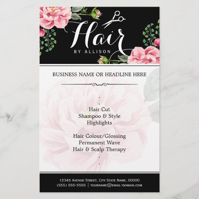 Flyer Hair Salon Hair Cut Black White Floral (Frente)
