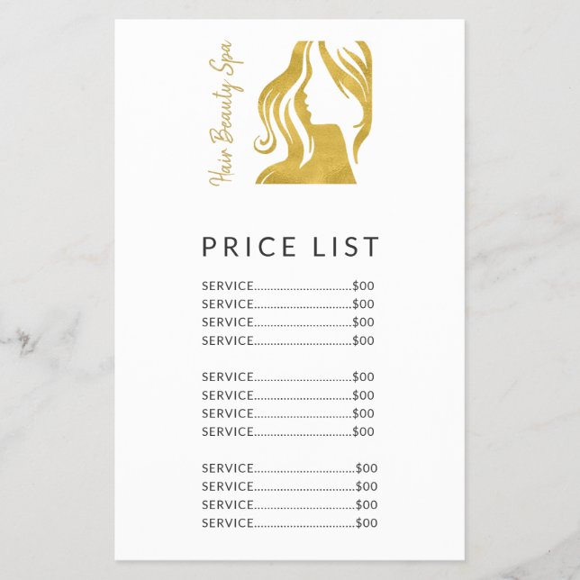 Flyer Hair Salon Simple Gold White Price List Services (Frente)