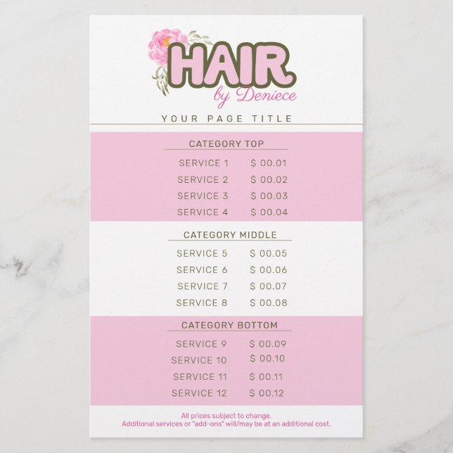 Flyer Hair stylist salon price list template rack card (Frente)