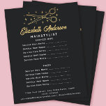 Flyer Hairstylista de la tipografía retro negra<br><div class="desc">Este volante de negocios de inspiración retro cuenta con un logo dibujado a mano de un par de tijeras y estrellas de fondo negro,  perfecto para peluqueros o salones de belleza.</div>
