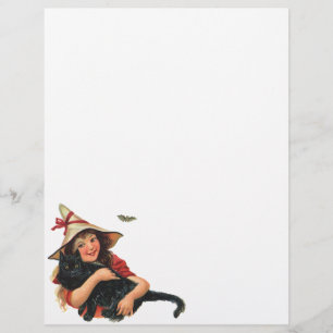 Flyer Halloween vintage, bruja Chica con gato negro
