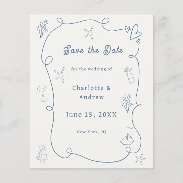 Flyer Hand drawn beach blue ivory wedding Save the Date (Frente)