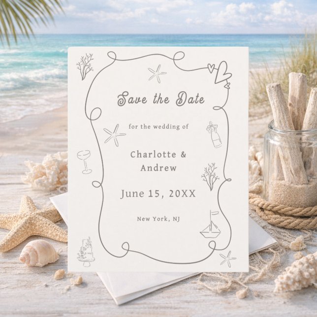 Flyer Hand drawn beach ivory taupe wedding Save the Date (Subido por el creador)