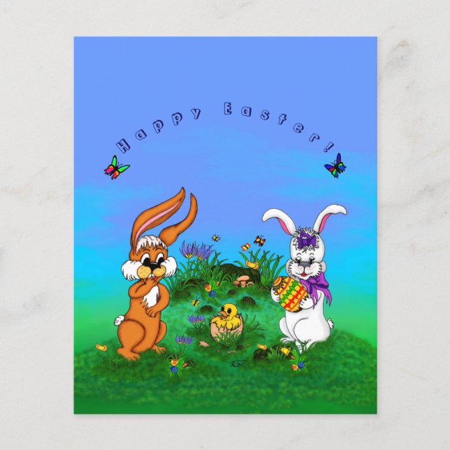 Flyer Happy Easter! Rabbit with Bunny and Chick (Frente)