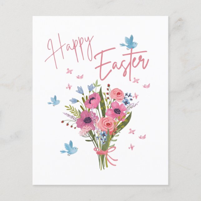 Flyer Happy Easter Spring Floral Bouquet & Blue Birds (Frente)