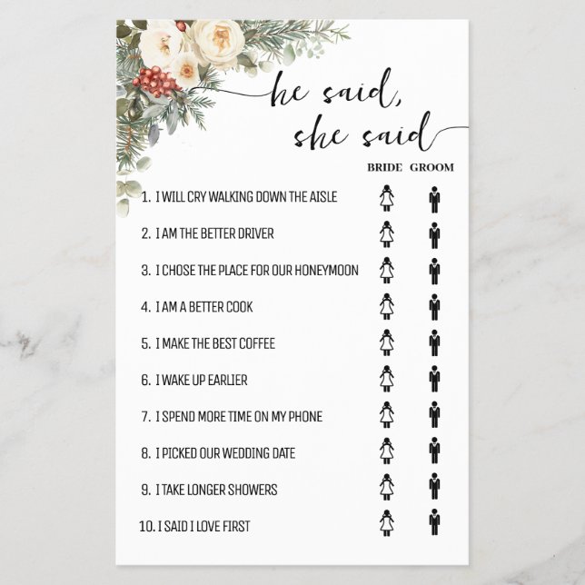 Flyer He Said She Said Winter Bridal Shower Game Card (Frente)