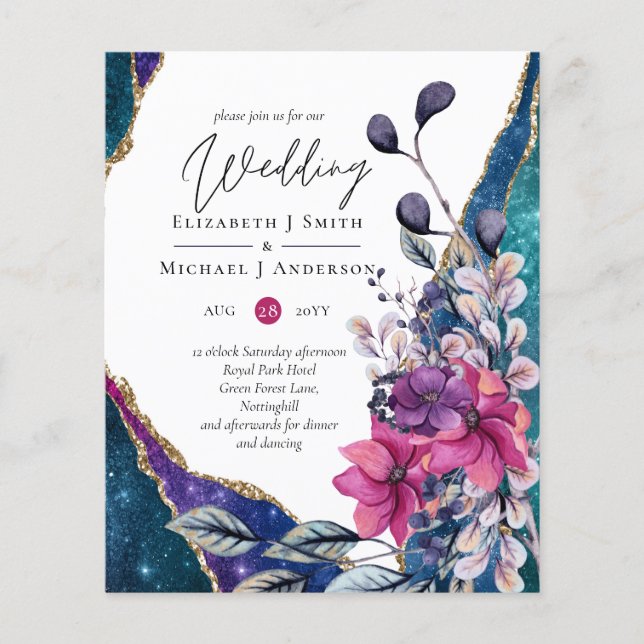 Flyer Hermoso PRESUPUESTO Floral Violeta Azul Ágata Boda (Frente)