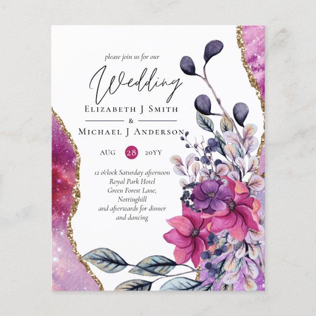 Flyer Hermoso PRESUPUESTO Floral Violeta Rosa Ágata Boda (Frente)
