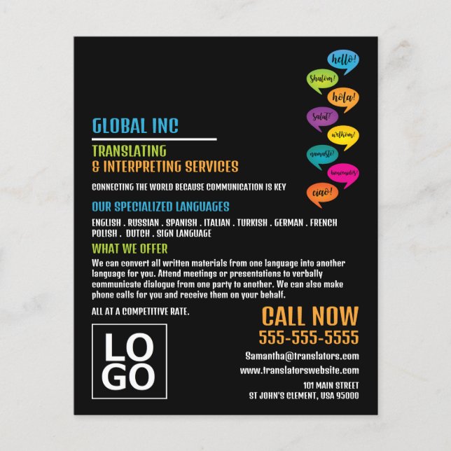 Flyer Hola diseño, traductor e intérprete (Frente)