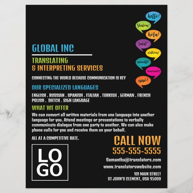 Flyer Hola diseño, traductor e intérprete (Frente)