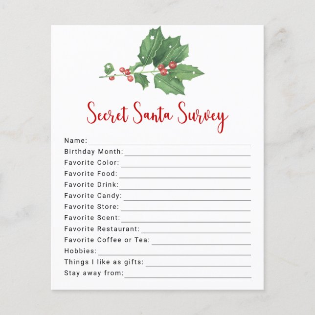 Flyer Holly Wreath Secret Santa Survey (Frente)