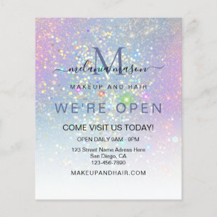 Flyer Holográfico Glam Purpurina Elegant We are Open Blu