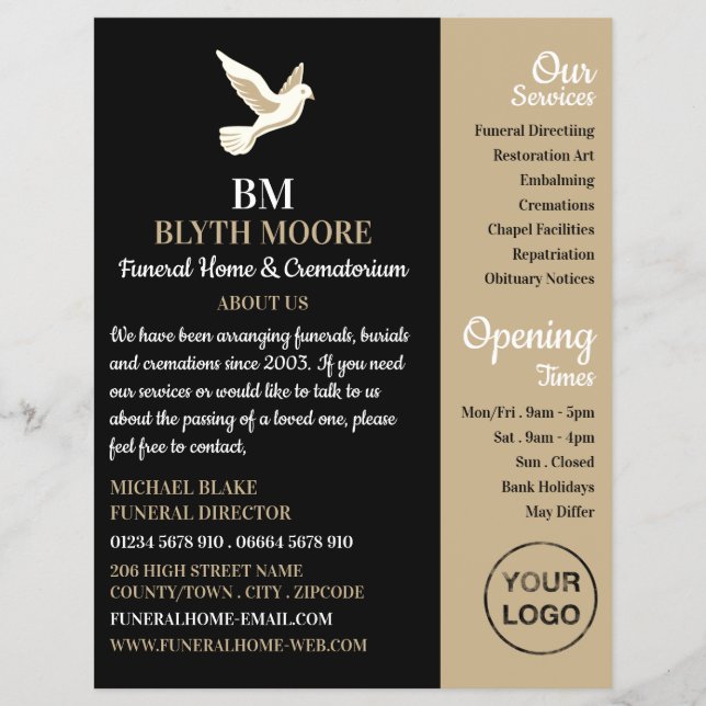 Flyer Holy Dove, hogar funeral, directores (Frente)