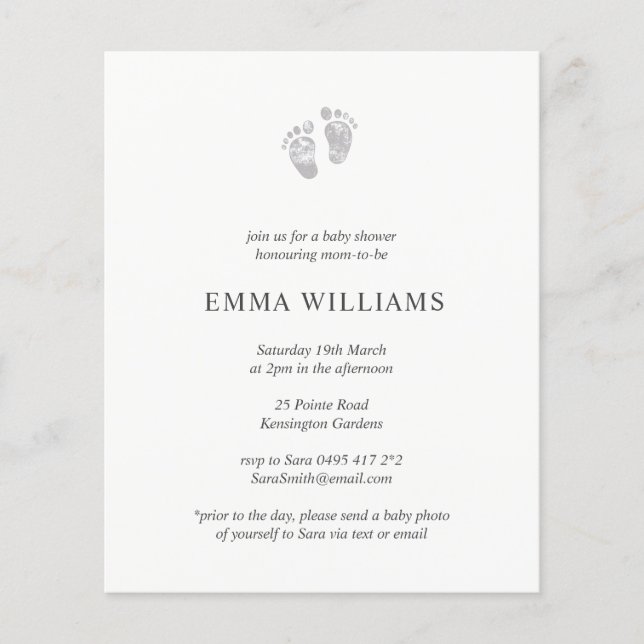 Flyer Huella gris de invitación a Baby Shower para presu (Frente)