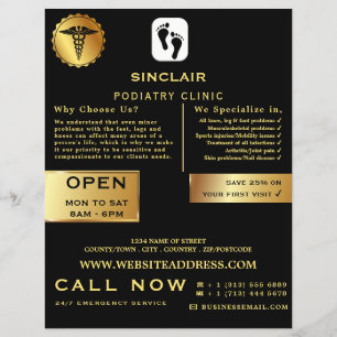Flyer Huellas de Podología Elegantes Negro y Dorado, Cad