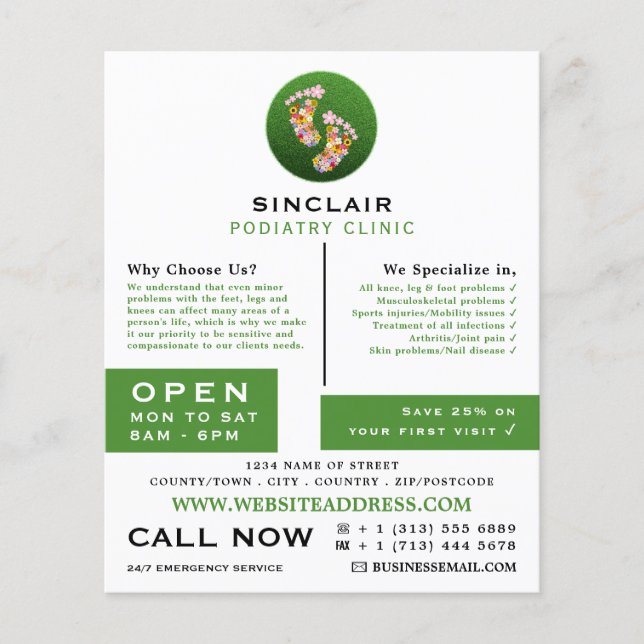 Flyer Huellas florales, Clínica de Podiatría, Podiatrist (Frente)