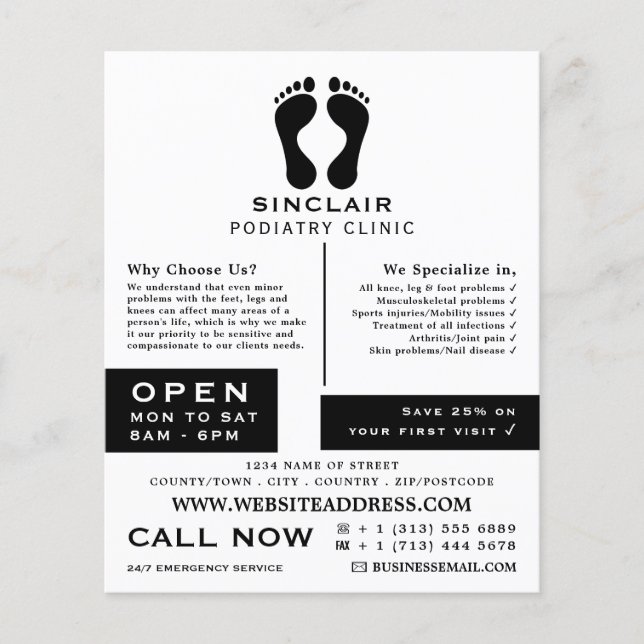 Flyer Huellas modernas, clínica de podiatría, podiatra (Frente)