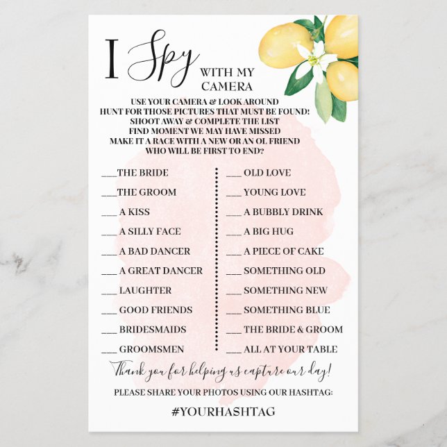 Flyer I Spy Wedding Reception Shower Lemons Game Card Fl (Frente)