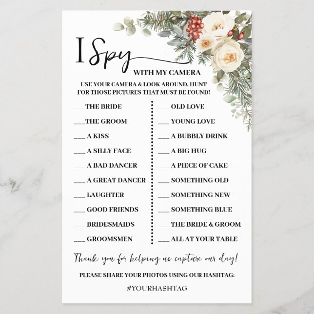 Flyer I Spy Winter Floral Wedding Reception Game Card (Frente)