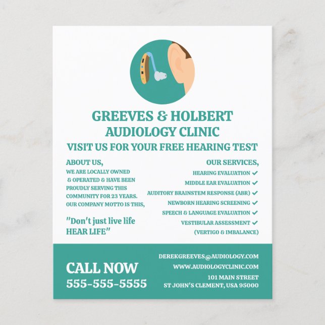 Flyer Icono de Ayuda Auditiva, Audiólogo, Clínica Audiol (Frente)